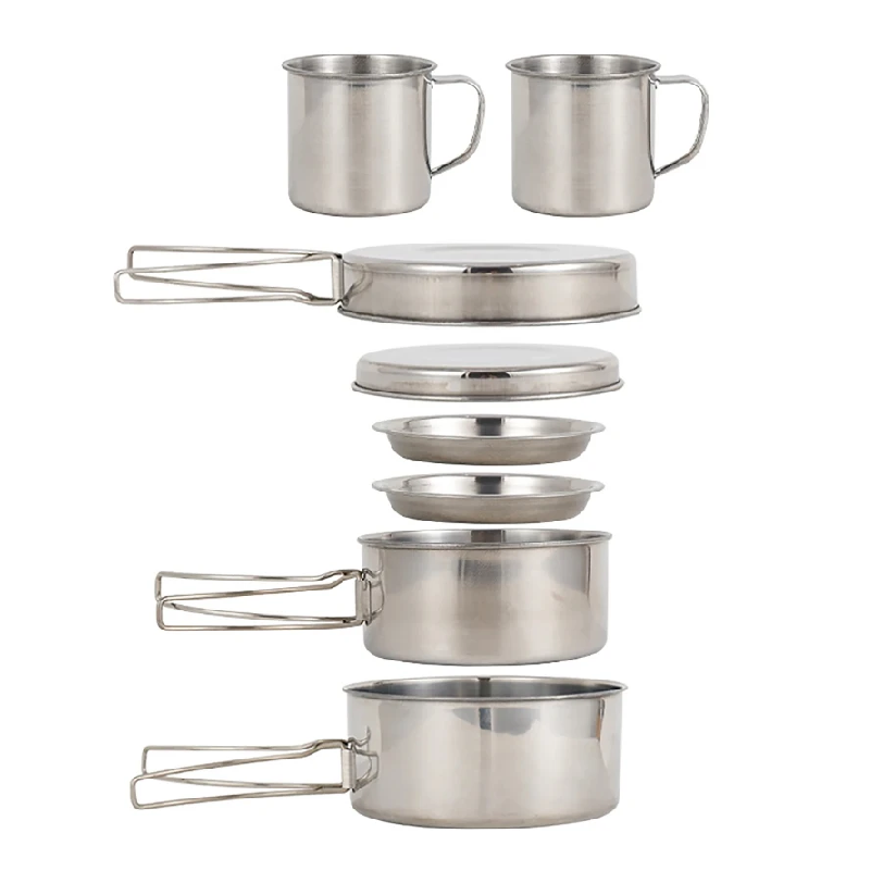 Camping Cooking Accessories Set - 8 ชิ้น/เซ็ต ชุดเครื่องครัวสำหรับตั้งแคมป์ ชุดหม้อและกระทะสแตนเลส พร้อมจาน ถ้วย