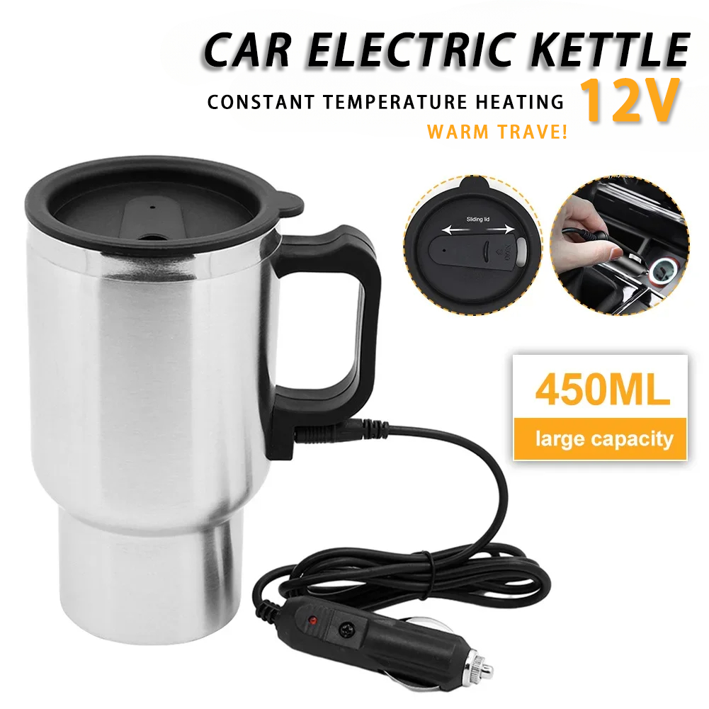 Camping Cooking Tin - ไฟฟ้าเครื่องทําความร้อนรถกาต้มน้ํา DC 12V 450ml รถถ้วยความร้อนสแตนเลส Camping