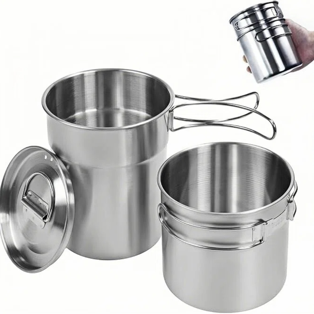 Camping Cooking Pot With Lid - แก้วพับได้สำหรับแคมป์ปิ้ง หม้อและอุปกรณ์ทำอาหารสำหรับแคมป์ปิ้ง เกรดอาหาร 304 ชุดทำอาหารกลางแจ้งพร้อมฝาแบบมีช่องระบายอากาศ ทำจากสแตนเลส
