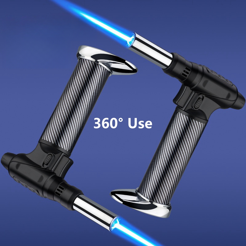 Camping Cooking Torch - 360 ° ไฟแช็กแก๊สบิวเทนแบบจุดไฟในตัว พร้อมหัวพ่นไฟสีน้ำเงินแบบเทอร์โบเจ็ท สำหรับตั้งแคมป์กลางแจ้ง ปิ้งย่าง