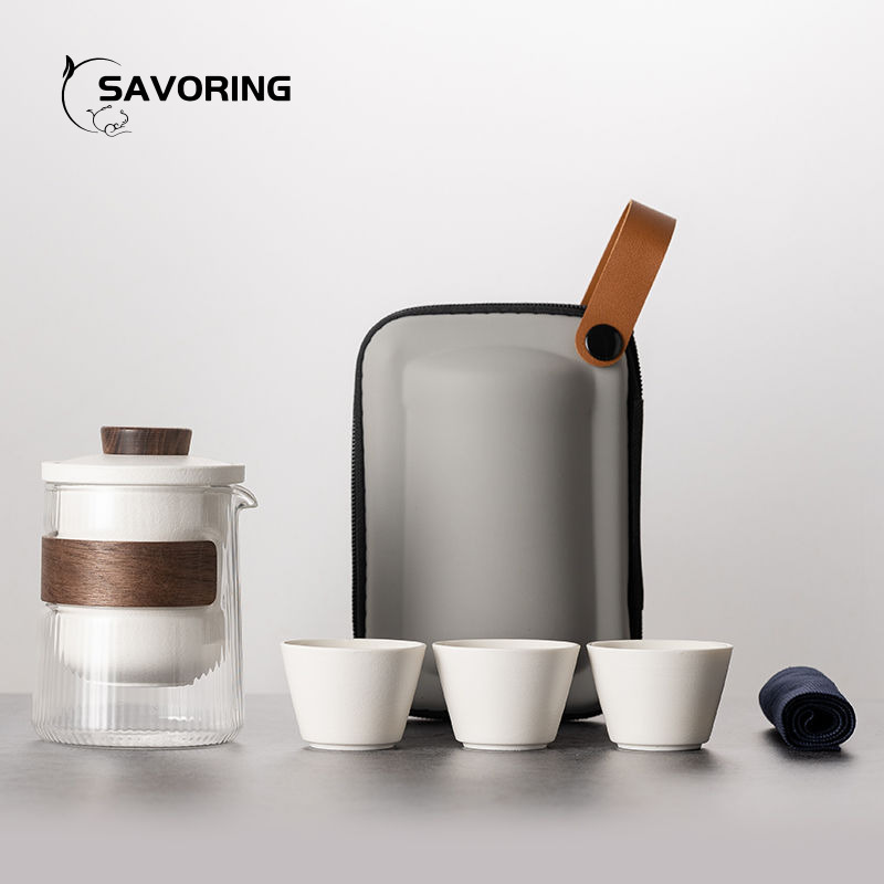 Camping Cooking Sets - Simple เซรามิคจีนชุดชา 1 หม้อ 3 ถ้วยพร้อมกระเป๋าเดินทางชุดชา