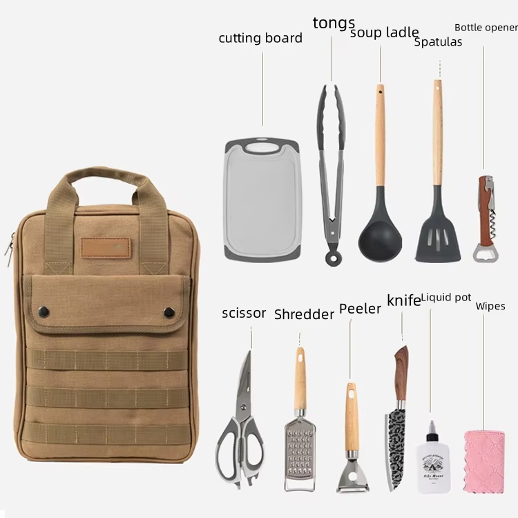 Camping Cooking Accessories Set - ชุดอุปกรณ์ทำอาหารสำหรับตั้งแคมป์ 12 ชิ้น ชุดอุปกรณ์ทำอาหารแบบพกพา กระเป๋าจัดเก็บภาชนะสำหรับปิกนิกกลางแจ้ง