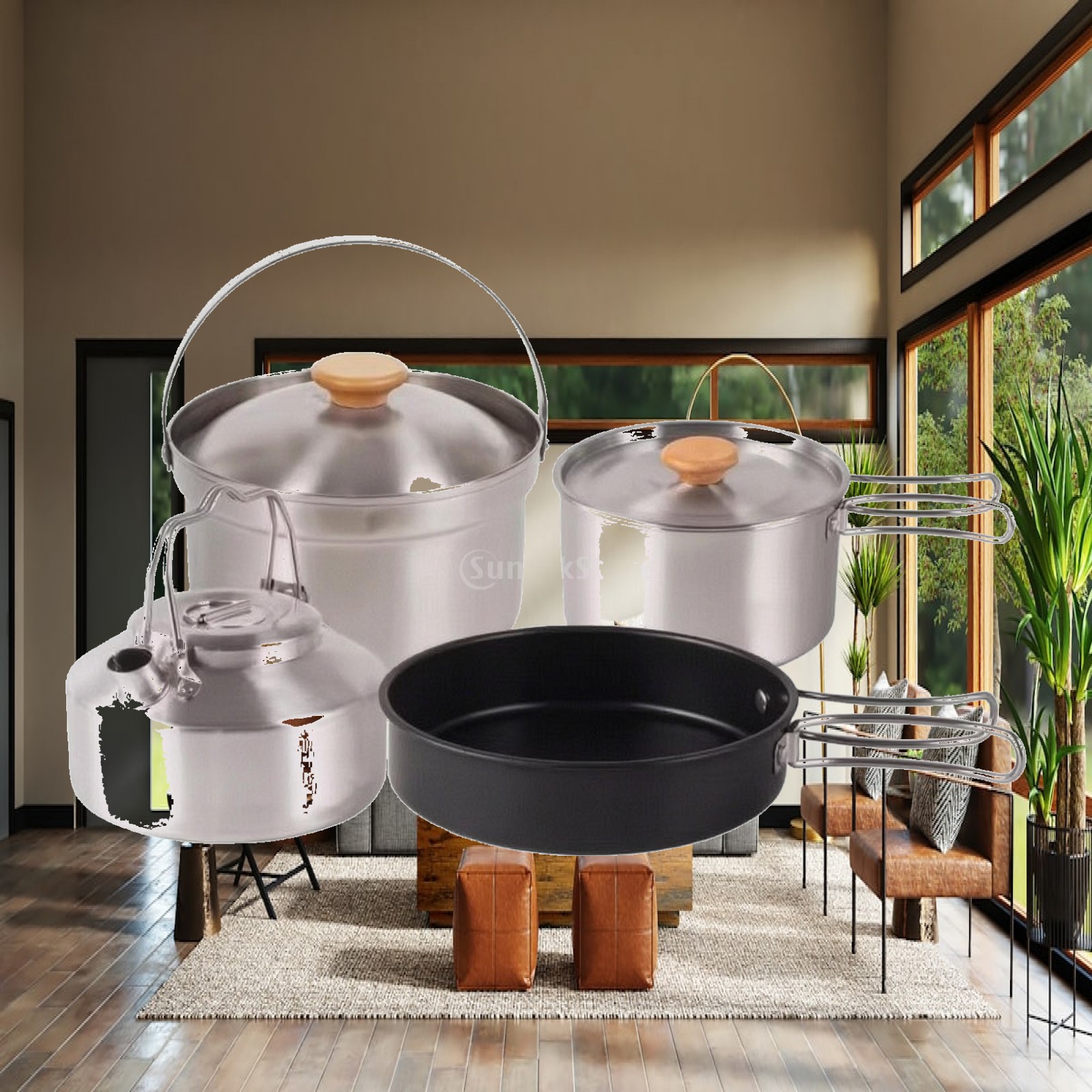 Camping Cooking Set With Kettle - ชุดเครื่องครัวแคมป์ปิ้งสแตนเลส 4 ชิ้น พร้อมกาต้มน้ำ ชุดอุปกรณ์ทำอาหารแบบพับได้ พกพาสะดวกสำหรับนักตั้งแคมป์