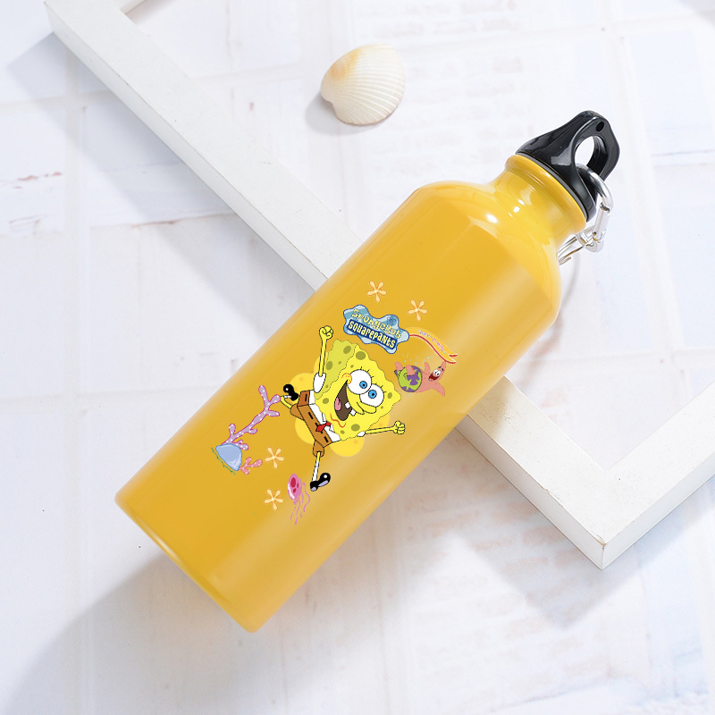 Camping Cooking Tin - ขวดน้ำอลูมิเนียมสปองจ์บ็อบส์สำหรับกิจกรรมกลางแจ้ง ขวดน้ำสีเหลืองสำหรับปั่นจักรยาน กีฬา ขวดน้ำกันรั่วสำหรับเดินทาง วิ่ง และตั้งแคมป์