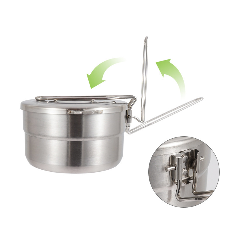 Camping Cooking Pot With Lid - หม้อหุงต้มสแตนเลสสำหรับใช้งานกลางแจ้ง พร้อมฝาปิดและหูจับพับได้ เหมาะสำหรับตั้งแคมป์ เดินป่า ตกปลา ปีนเขา