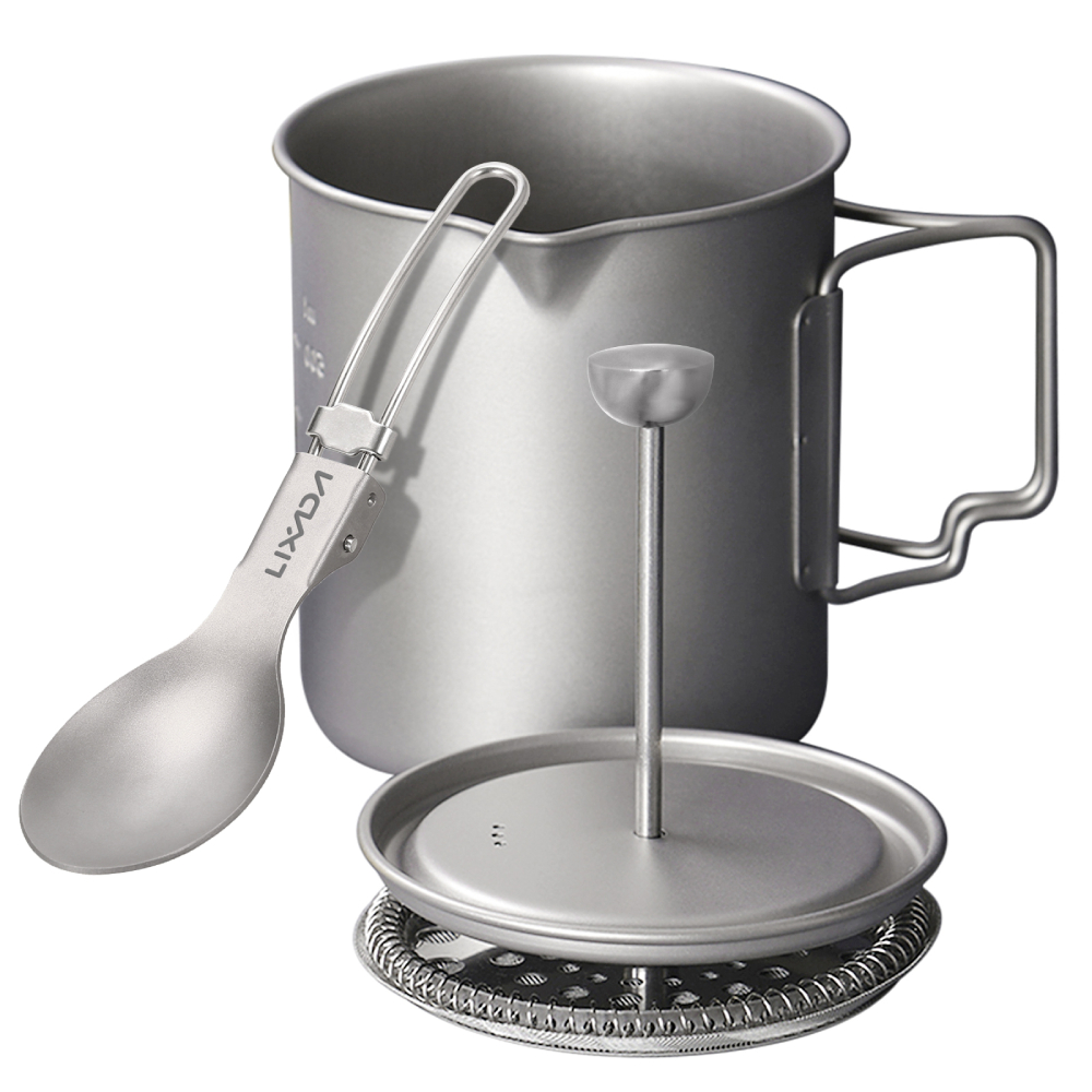 Mess Kit Titanium - Lixada หม้อชงกาแฟเฟรนช์เพรสถ้วยแก้วกาแฟไทเทเนียมขนาด750มล. หม้ออาหารตั้งแคมป์กลางแจ้งพร้อมช้อนไทเทเนียมแบบพับได้