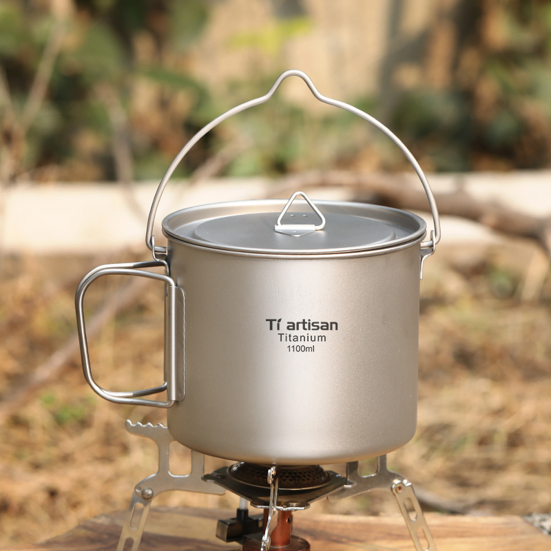 Camping Cooking Pot With Lid - ไทอาร์ติซาน ไทเทเนียม 1.1 ลิตรหม้อตั้งแคมป์ชุดทำอาหารกลางแจ้งพร้อมฝาปิดและที่จับแบบพกพาแก้วปิคนิคเดินป่าถ้วยน้ำภาชนะใส่อาหาร