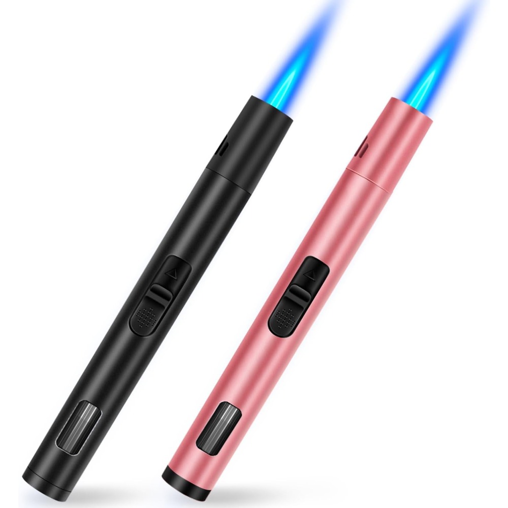 Camping Cooking Torch - ไฟแช็คกันลมแบบเติมได้ 2 ชิ้น, ไฟแช็คแก๊สบิวเทนแบบหัวพ่นทองแดงพร้อมช่องมองระดับเชื้อเพลิง สำหรับตั้งแคมป์ บาร์บีคิว