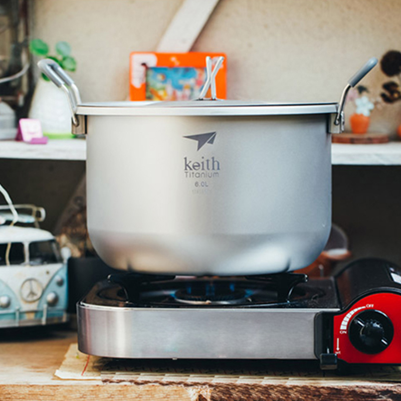 Mess Kit Titanium - Keith-Camping ชุดทําอาหาร,เครื่องครัวไทเทเนียม Stockpot 6L,Bacteriostatic Flatware,เดินป่ากลางแจ้งปิคนิคหม้อไทเทเนียม