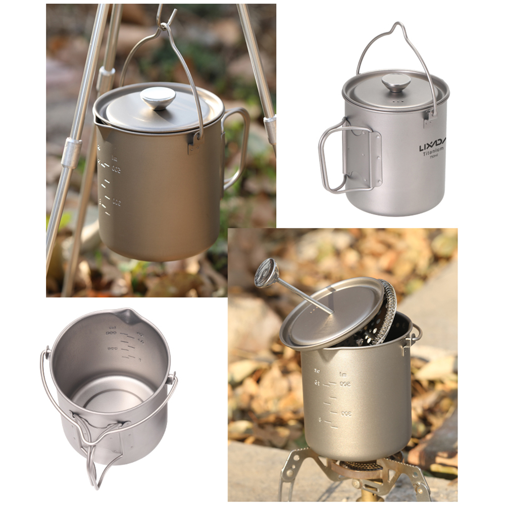 Camping Cooking Pot With Lid - แก้วกาแฟไทเทเนียม Lixada 750 มล. แก้วกาแฟแบบฝรั่งเศสพร้อมฝาปิด หม้อต้มกาแฟสำหรับตั้งแคมป์กลางแจ้ง