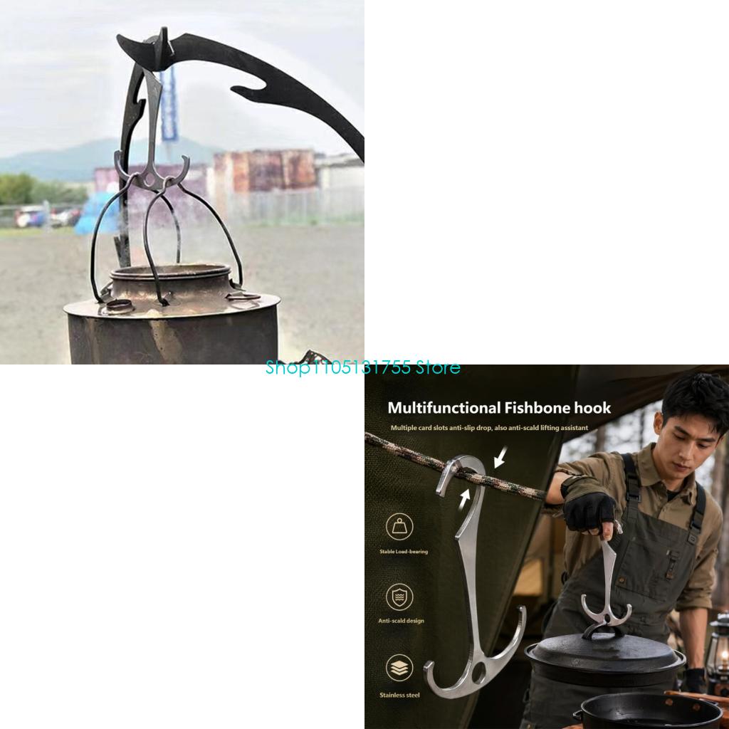 Camping Cooking Bag - K0EF พื้นที่ทำอาหารตะขอเก็บของส่วนแคมป์โลหะพร้อมรูกลางสำหรับสิ่งของที่บรรจุถุง, เครื่องครัวขนาดเล็ก,