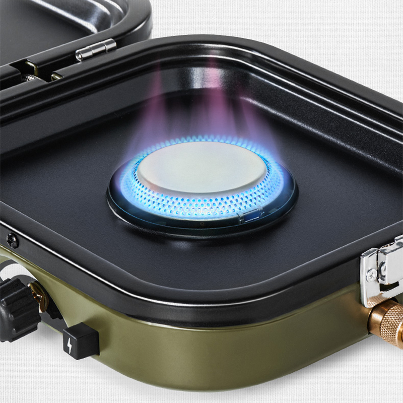 Camping Double Cooking Stove - เตาแก๊สพับได้แบบสองหัวเตา 2300W เตาแก๊สพกพาสำหรับตั้งแคมป์กลางแจ้ง ระบบจุดไฟอิเล็กทรอนิกส์ น้ำหนัก 2.5