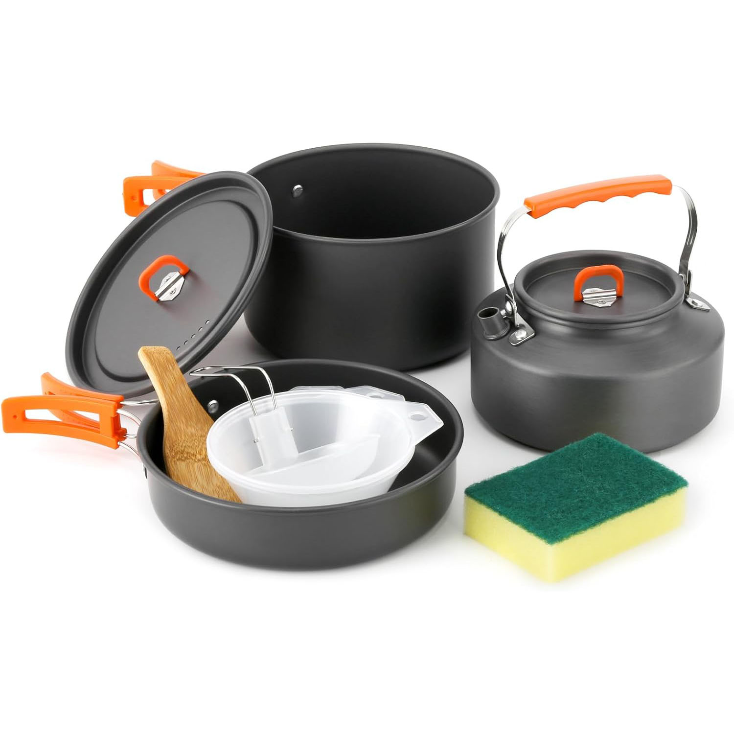 Camping Cooking Set With Kettle - ชุดเครื่องครัวสำหรับตั้งแคมป์ หม้อและกระทะพร้อมกาต้มน้ำ ชามพลาสติก และช้อนซุป สำหรับการตั้งแคมป์ เดินป่า