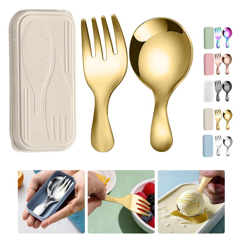 Camping Cooking Sets - ชุดช้อนส้อมสแตนเลส 2 ชิ้น แบบพกพา พร้อมกล่อง สำหรับตั้งแคมป์กลางแจ้ง