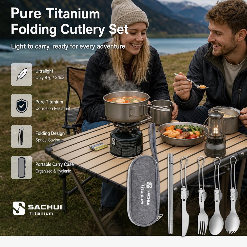 Camp Spork Set - ชุดช้อนส้อมตะเกียบไทเทเนียมสำหรับแคมป์ปิ้ง พับได้ น้ำหนักเบาพิเศษ พร้อมซองใส่ พกพาสะดวกสำหรับกิจกรรมกลางแจ้ง ปิกนิก