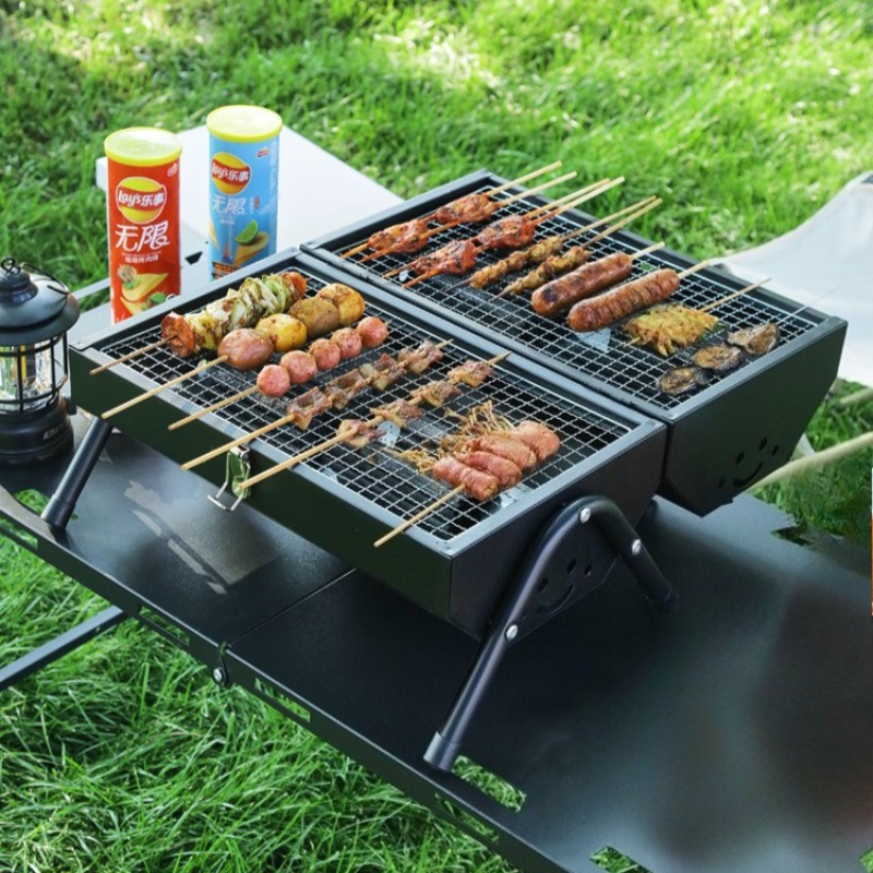 Camping Double Cooking Stove - เตาบาร์บีคิวเหล็กคาร์บอนแบบพกพา สองด้าน สำหรับปิกนิก ใช้ในครัวเรือน ทนทาน เตาถ่านสำหรับทำอาหารกลางแจ้ง