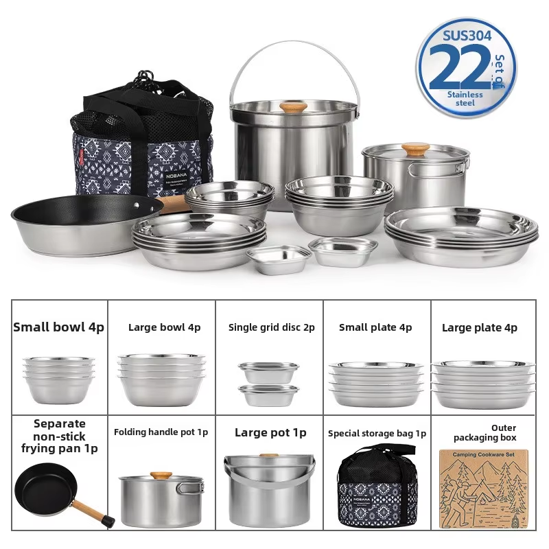 Camping Cooking Accessories Set - NOBANA ใหม่ล่าสุดกลางแจ้งชุดหม้อสแตนเลส Camping ครอบครัวชุดหม้อ 5L แบบพกพาปิคนิคซุปหม้อทอดนึ่งหม้อในครัวเรือน