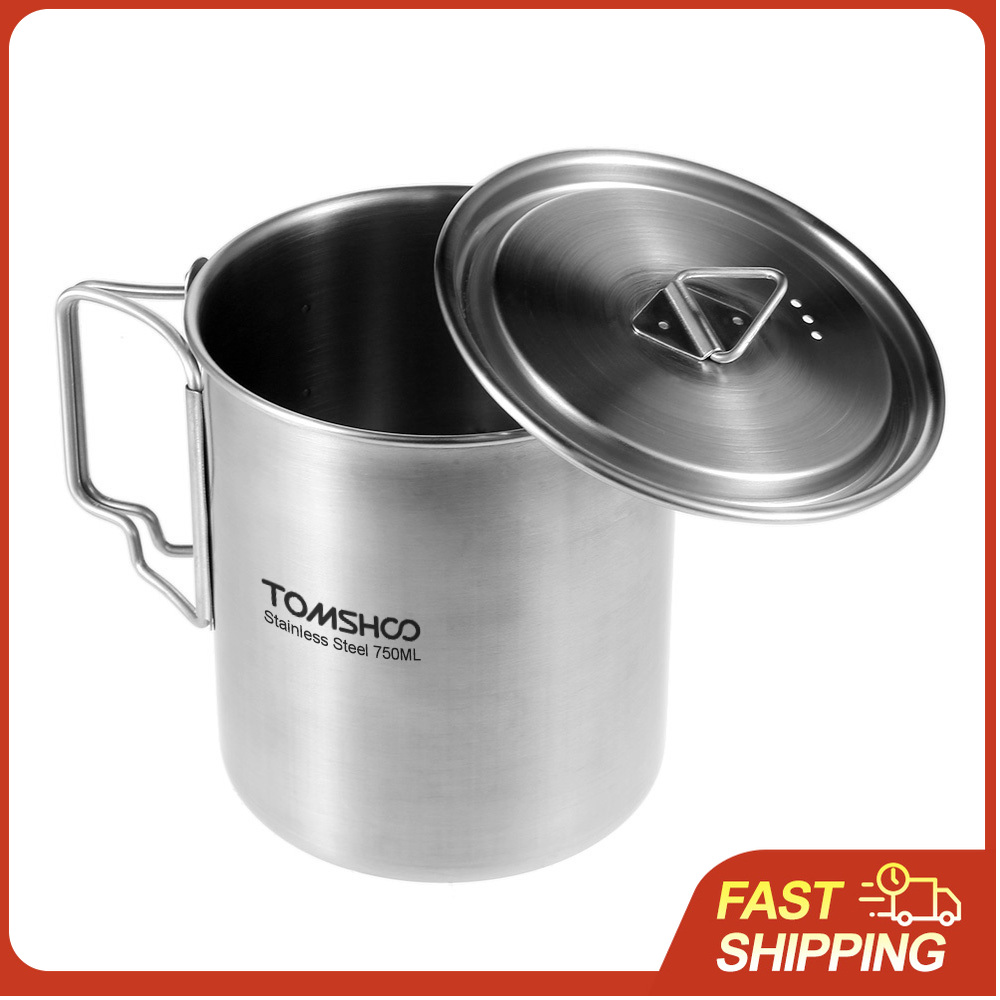 Camping Cooking Pot With Lid - TOMSHOO 750 มลหม้อสแตนเลสถ้วยน้ำแบบพกพาพร้อมฝาปิดและที่จับพับได้แคมป์ปิ้งกลางแจ้งทำอาหารปิกนิก
