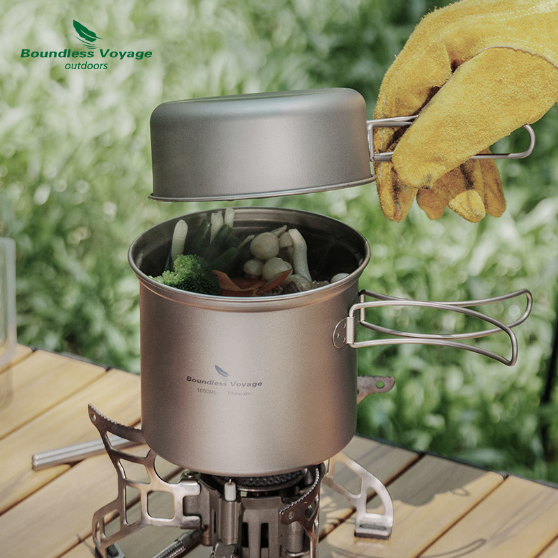 Camping Cooking Sets - ชุดหม้อต้มและกระทะทอดไทเทเนียมบริสุทธิ์แบบพับได้ น้ำหนักเบาพิเศษ พกพาสะดวก เหมาะสำหรับการตั้งแคมป์กลางแจ้ง ปิกนิก อุปกรณ์ทำอาหาร
