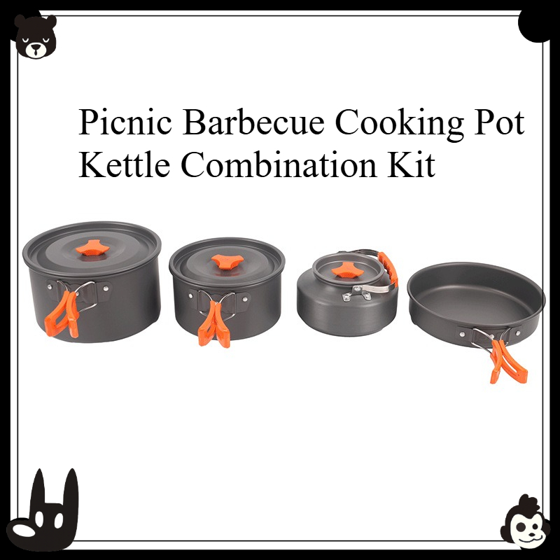 Camping Cooking Set With Kettle - ชุดเครื่องครัวพกพาสำหรับกิจกรรมกลางแจ้ง 4 ชิ้น ชุดหม้อและกาต้มน้ำสำหรับตั้งแคมป์ ปิกนิก บาร์บีคิว