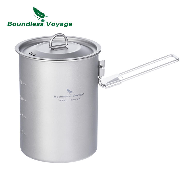 Mess Kit Titanium - Boundless Voyage 900ml หม้อไทเทเนียมถ้วย Camping เครื่องครัวชามน้ําหนักเบาพร้อมที่จับพับและฝาปิดกลางแจ้งแบบพกพาชุดทําอาหาร