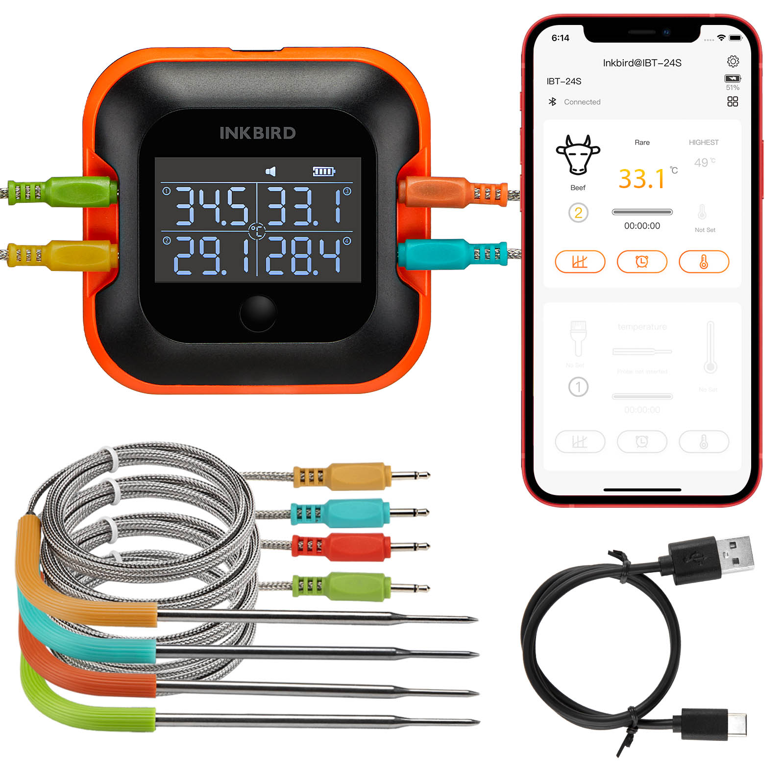 Meat Thermometer Camp - เครื่องวัดอุณหภูมิเนื้อบลูทูธของ inkbird มี4หัวเครื่องวัดอุณหภูมิบาร์บีคิวตั้งแคมป์กลางแจ้งพร้อมจอแสดงผล LCD และนาฬิกาปลุกขนาดใหญ่