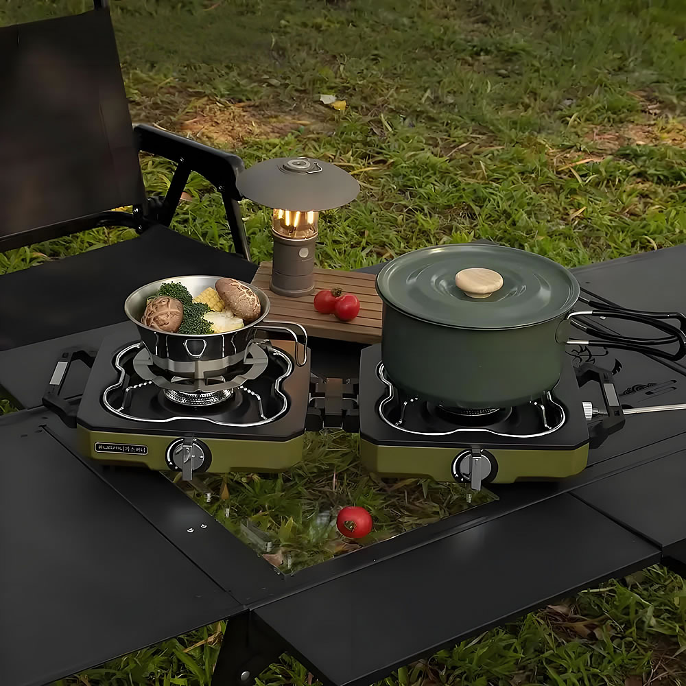 Camping Double Cooking Stove - เตาแก๊สปิกนิกแบบพกพา หัวเตาคู่ พลังไฟสูง พับได้ สำหรับตั้งแคมป์ ทำอาหารกลางแจ้ง