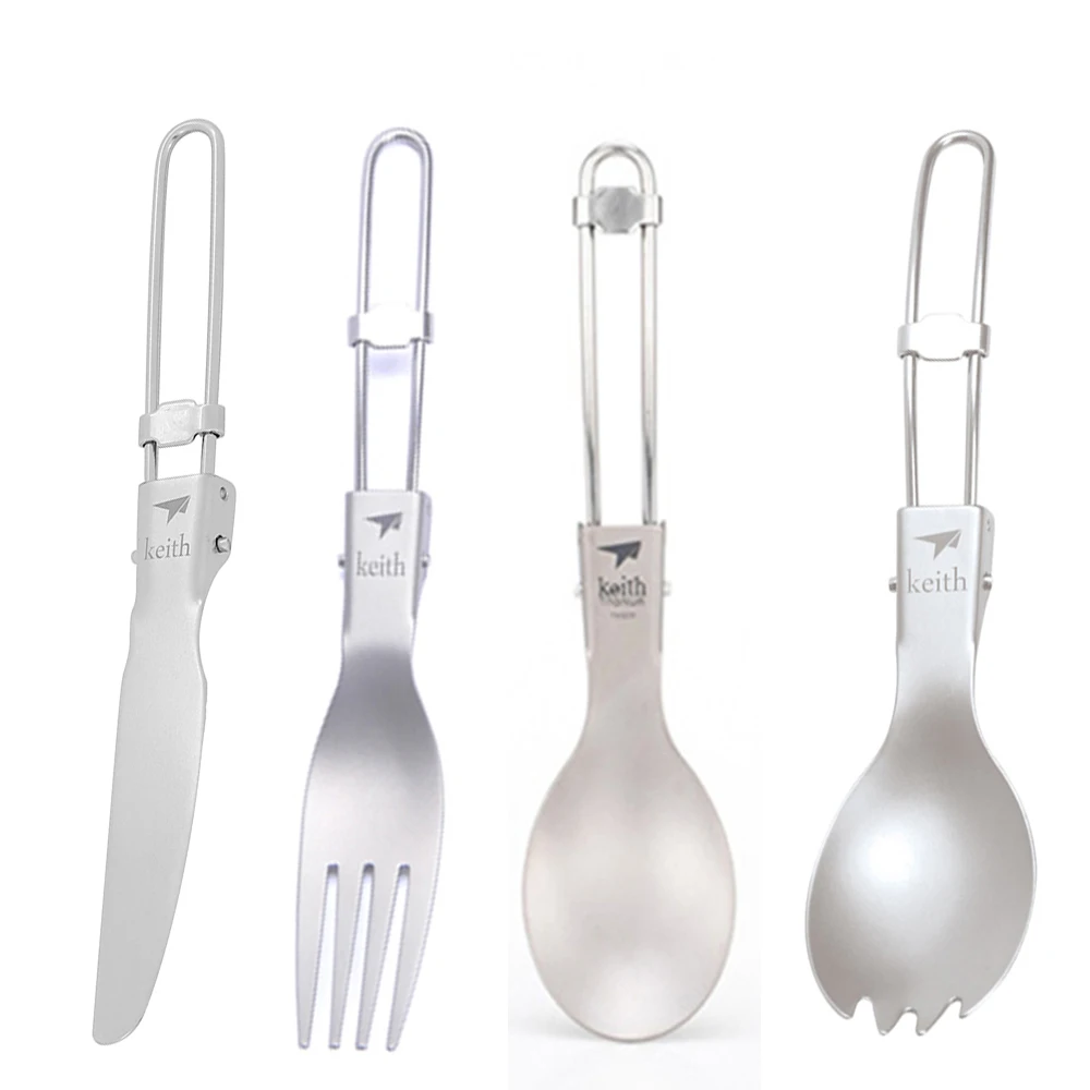 Camp Spork Set - Keith กลางแจ้งไทเทเนียมพับช้อน Spork มีดชุดส้อมพับได้ Camping ช้อนส้อม