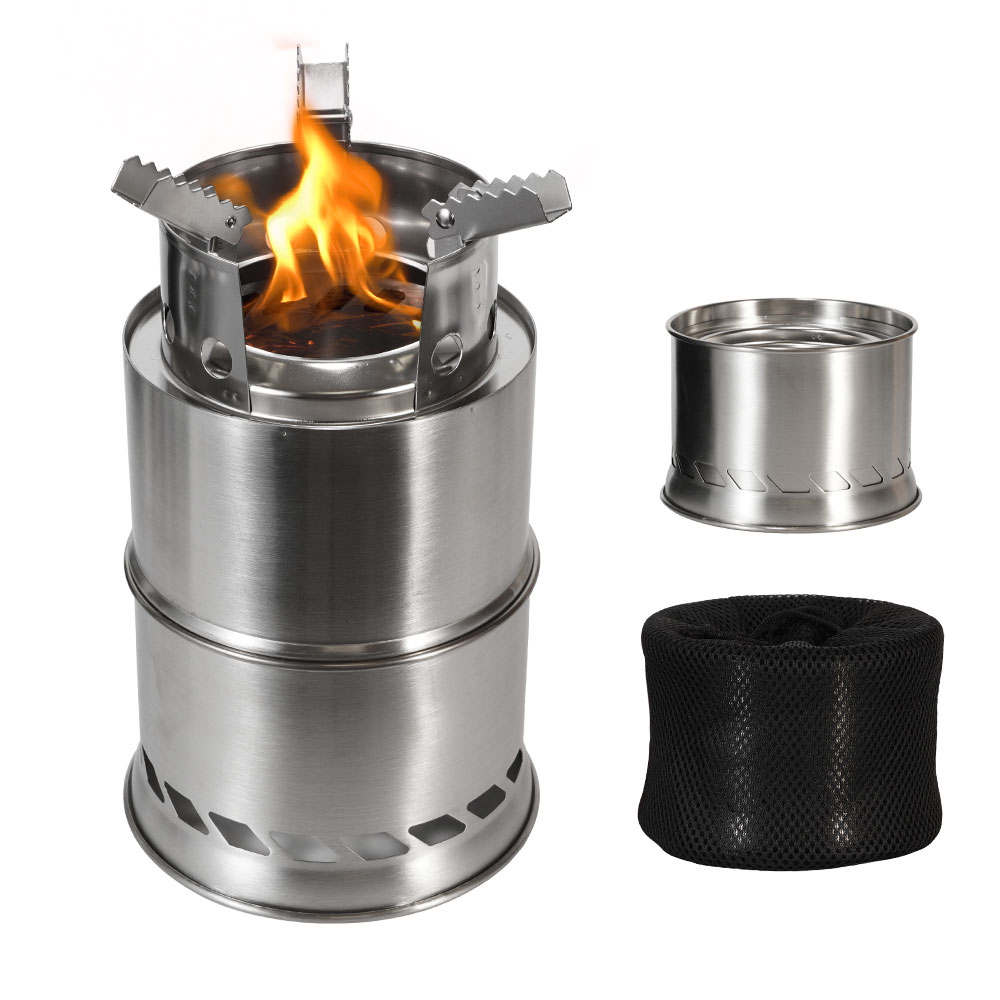 Camping Double Cooking Stove - เตาไม้พกพาสำหรับตั้งแคมป์กลางแจ้ง สแตนเลสสองชั้น เก็บความร้อนได้ดี แยกส่วนประกอบได้ พับเก็บได้ เหมาะสำหรับปิกนิกและแบ็คแพ็ค
