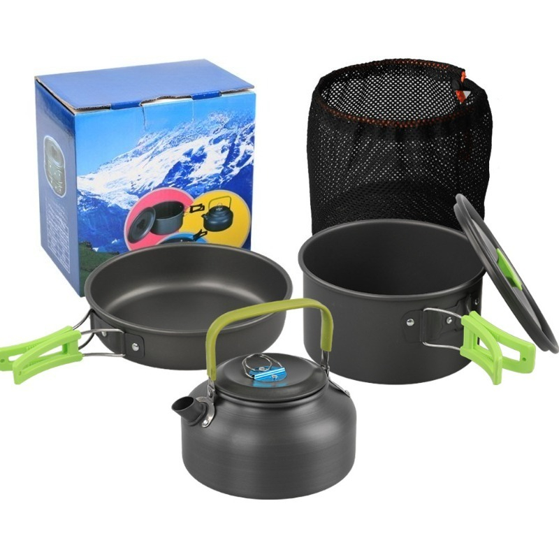 Camping Cooking Set With Kettle - ชุดอุปกรณ์ทำอาหารสำหรับตั้งแคมป์กลางแจ้ง DS-308 ชุดหม้อทำอาหารแบบพกพาพร้อมกาต้มน้ำ เหมาะสำหรับการปิกนิกและตั้งแคมป์ 2-3 คน
