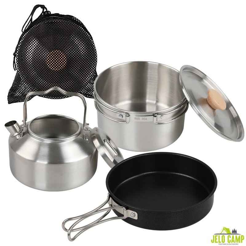 Camping Cooking Set With Kettle - ชุดเครื่องครัวแคมป์ปิ้งสแตนเลสเกรด 304 คุณภาพสูง และกาต้มน้ำพกพาสำหรับเดินป่าเอาตัวรอดกลางแจ้ง ชุดหม้อหุงต้ม 3
