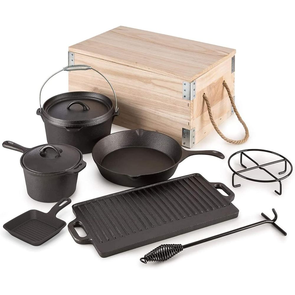 Vintage Camping Cooking Set - ชุดเครื่องครัวเหล็กหล่อ 8 ชิ้น สำหรับทำอาหารแบบดัตช์โอเว่น พร้อมใช้งานทันที เหมาะสำหรับแคมป์ปิ้ง