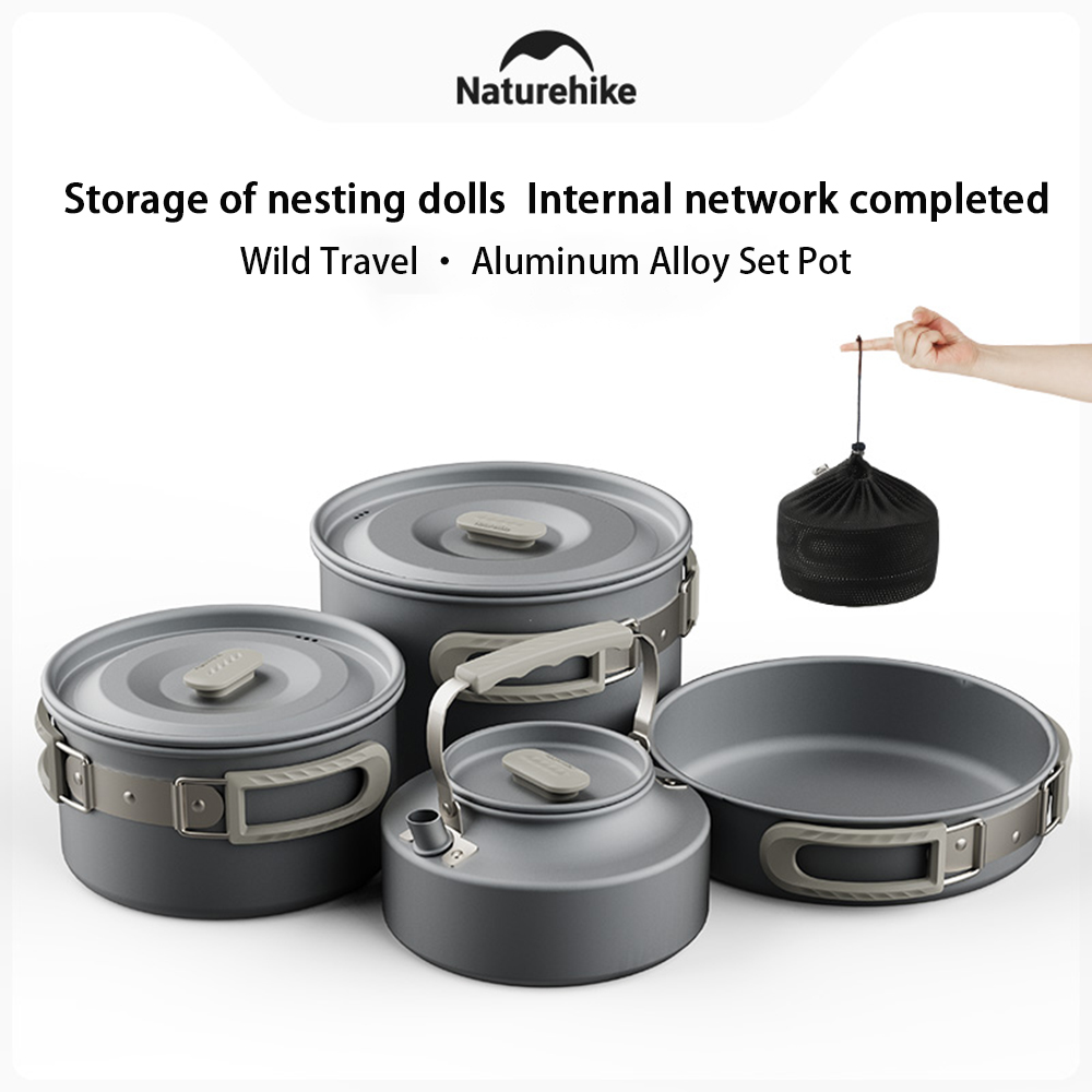 Camping Cooking Sets - Naturehike ชุดหม้อกลางแจ้ง,อุปกรณ์ทําอาหารตั้งแคมป์,กระทะสแตนเลสแบบพกพาแขวนหม้อ,เดินป่าปิกนิกบนโต๊ะอาหาร
