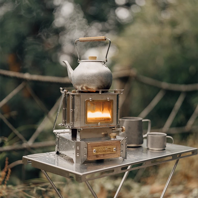 Camping Double Cooking Stove - เตาแคมป์ปิ้งสไตล์วินเทจแบบสองหัวเตา พกพาสะดวก พร้อมหน้าต่างสังเกตการณ์ สำหรับทำอาหารและชงชา