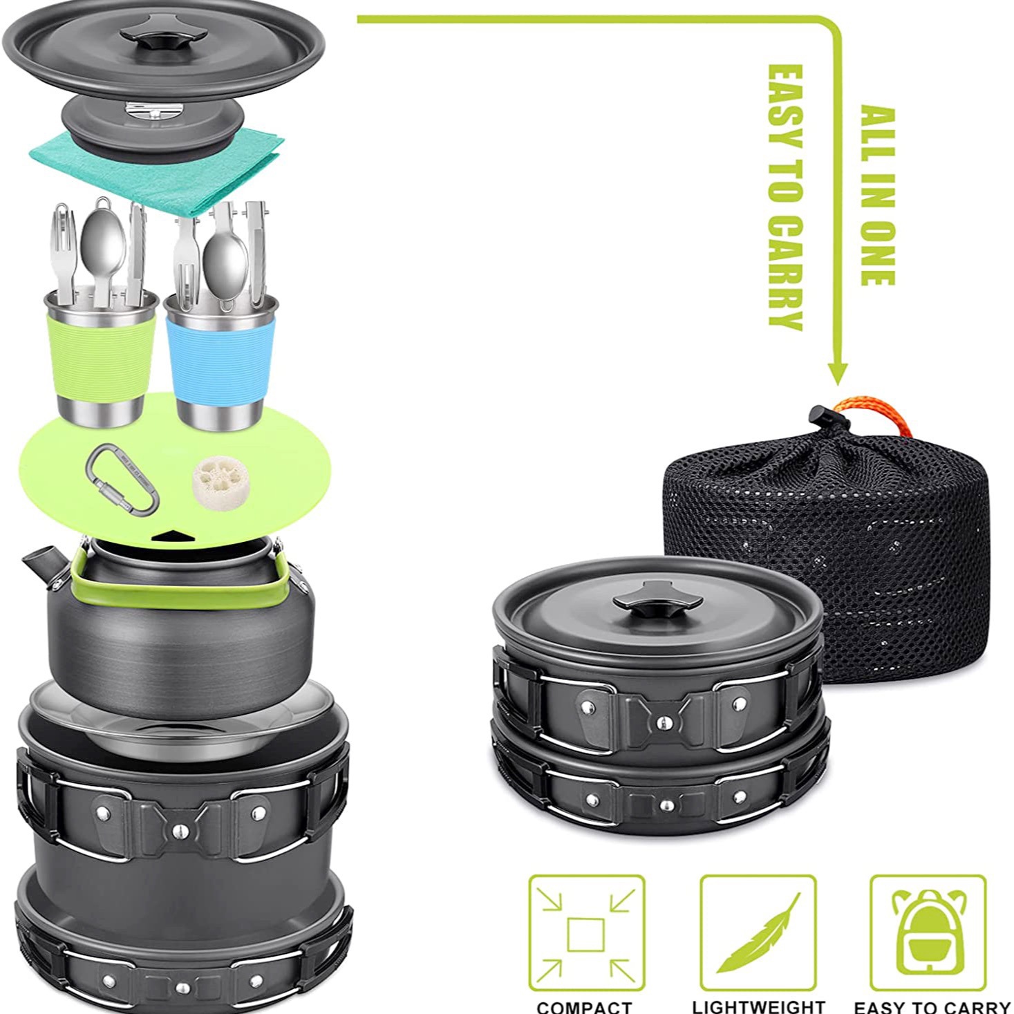 ชุดทำอาหารสำหรับตั้งแคมป์กลางแ - Camping Cooking Set With Kettle บทวิจารณ์และราคา